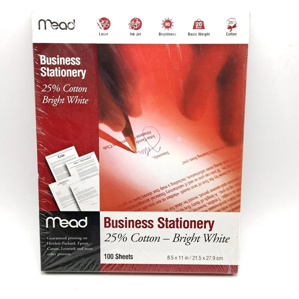 Mead Business Stationery Paper 25 Percent Cotton Bright White‎ 100 Sheets 8.5x11